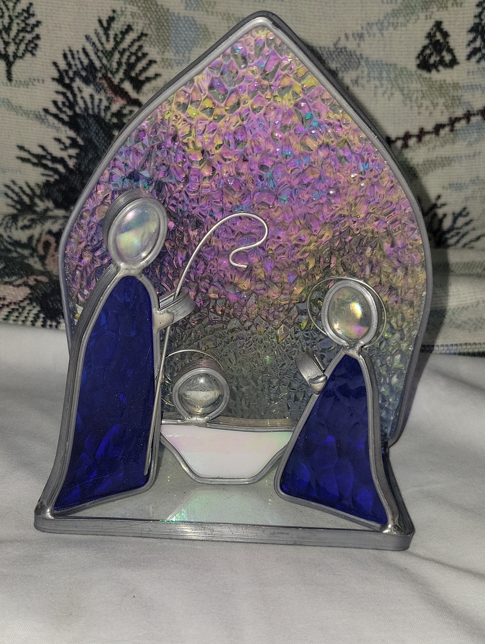Stained Glass Nativity Scene Accent with Iridescent Backing Tea Light Candle Hol